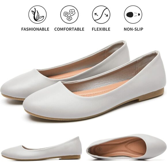 Women's Light Grey PU Leather Closed Toe Slip on Comfortable Ballet Flats Shoes - Picture 6 of 6